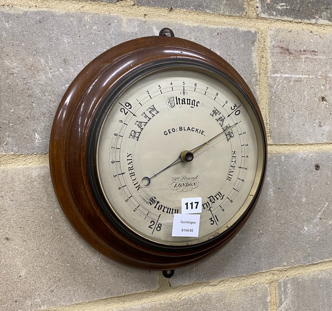 An early 20th century mahogany barometer marked George Blackie, 392 Strand, London, diameter 35cm